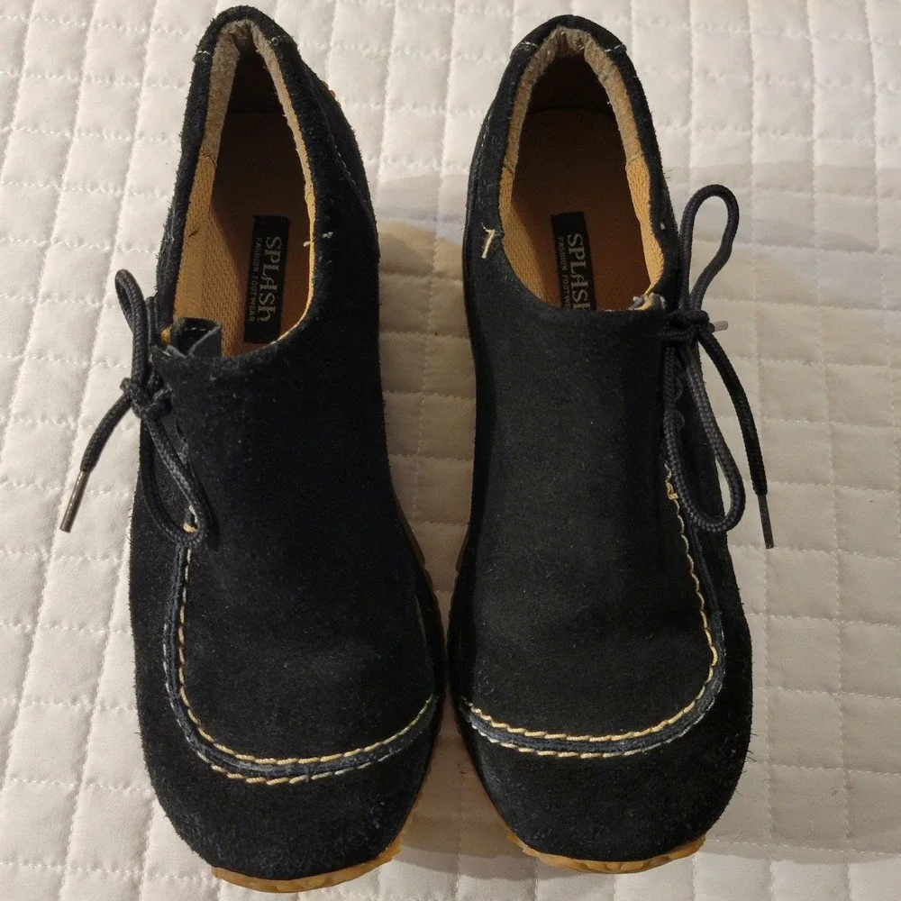Y2K Splash Fashion Footwear Black Suede 2000s Platforms Beige Trim Festival Cute